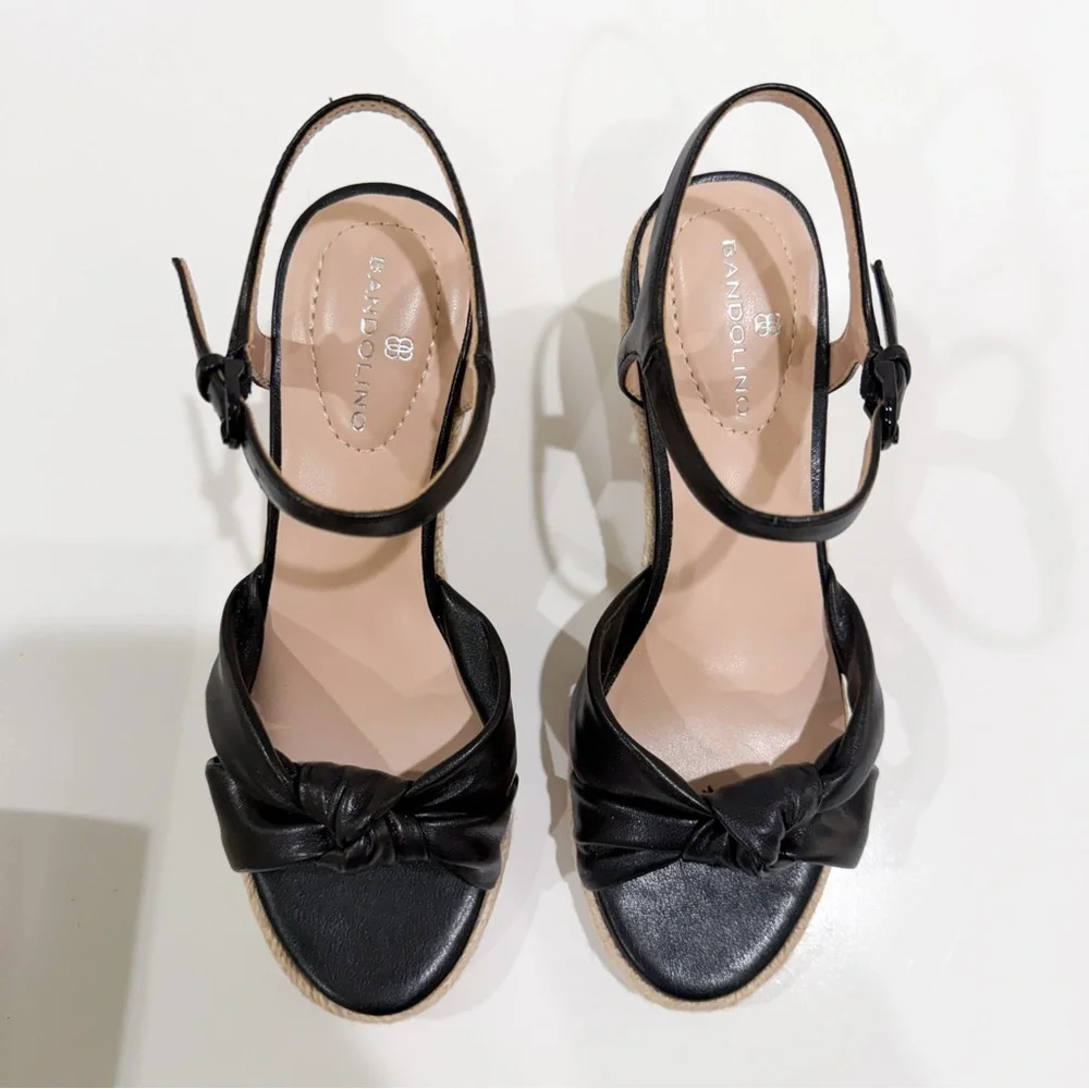 Bandolino Justyne Espadrille Wedge Sandal Knot Ankle Strap Jute Heel Black 5 NEW